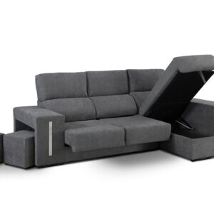 Sofá Cama 3 plazas + Puffs y Chaiselongue Gris